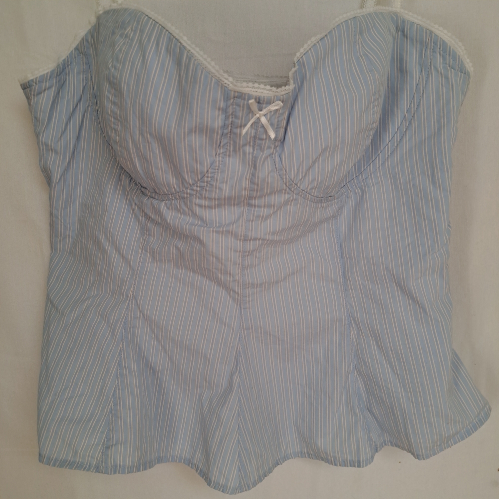 Zara Blue White Pinstripe Corset‎ Peplum Top Lace Trim Sweetheart Camisole XL - Picture 2 of 9
